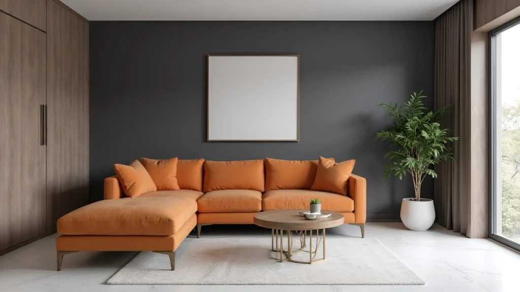 Modern living room with a burnt orange sectional sofa, a round wooden coffee table, a large green potted plant, and a blank square frame on a dark gray wall.