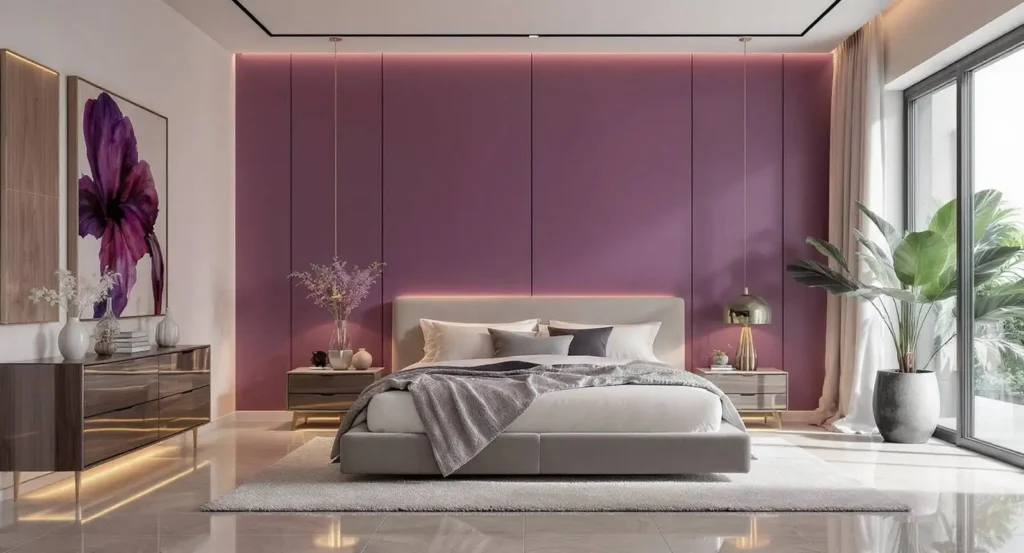 Modern bedroom with a purple accent wall, large bed with white and gray bedding, a gray rug on a tiled floor, two bedside tables with decorative items and pendant lights, a large potted plant near floor-to-ceiling windows, and a sideboard with vases and a floral painting on the wall.