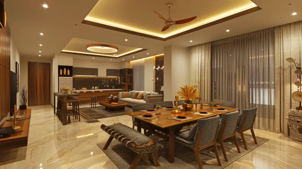 Modern open-plan living and dining area with beige marble flooring, wooden dining table with six chairs and a bench, gray upholstered sofa, contemporary ceiling fans, warm recessed lighting, large windows with sheer curtains, and a kitchen with wood cabinets and bar stools in the background.