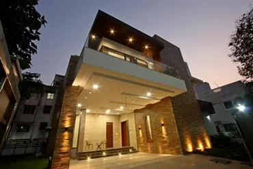 a building with lights on the front