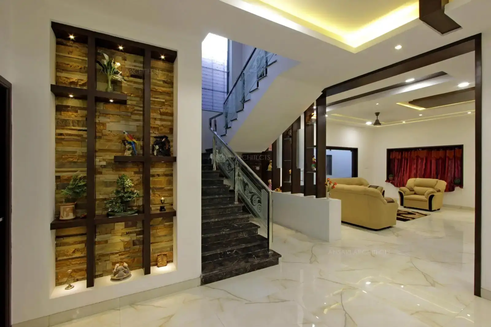 This space effectively highlight the show pieces and illuminates the hallway, accent lights highlight architectural features combining functionalities of design.