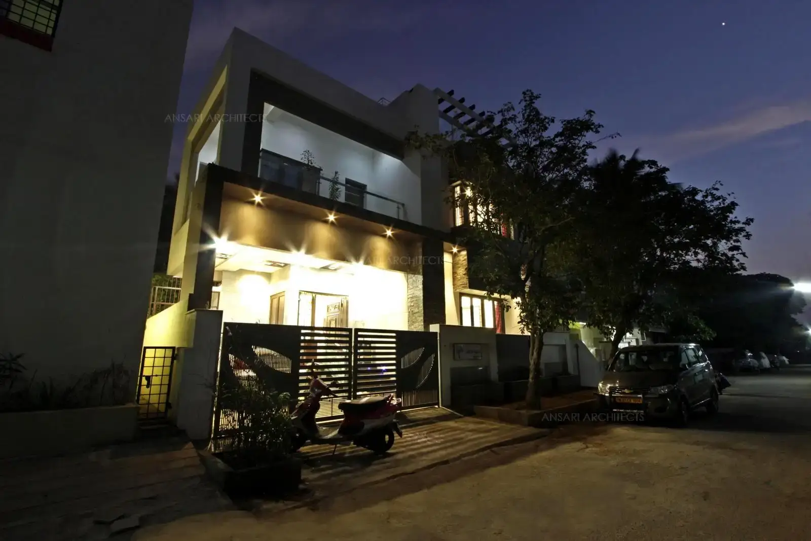 The exterior recessed spotlights laid across multi-level surfaces creates a contemporary scheme and creates soft layers of light. Highlights the architectural elements interestingly providing a decor feature.