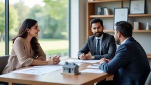 Three professionals, two men in suits and one woman in a beige sweater, sitting at a wooden table with documents and a small house model, engaged in a discussion in a bright office with large windows and bookshelves.