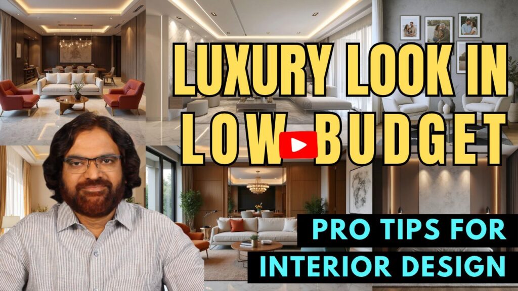 Collage featuring a man with glasses and beard, luxurious living rooms with modern interior design, and text reading 'Luxury Look in Low Budget' and 'Pro Tips for Interior Design' with a YouTube play button symbol.