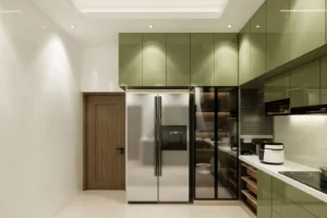 Modern kitchen with olive green glossy cabinets, a large stainless steel double-door refrigerator, glass-fronted pantry cabinets, a white countertop with kitchen appliances, and a wooden door on the left side.
