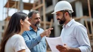 Three people at a construction site engaged in a discussion; a man in a white hard hat holding documents is talking to a man in a blue shirt who is pointing, while a woman in a white shirt listens attentively.