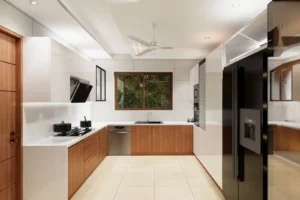 Modern kitchen with white walls and ceiling, wooden lower cabinets, white upper cabinets, a black refrigerator on the right, a gas stove with two black pots on the left, a stainless steel dishwasher under the center counter, a large window above the sink, and a ceiling fan with lights.