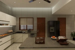 Modern kitchen with beige cabinetry, gray countertops, a black refrigerator, and wooden doors, featuring a central island with dish racks and a bowl of apples, a window with a beige blind, and recessed ceiling lights.