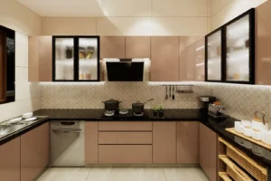 Modern kitchen with beige cabinets, black granite countertops, built-in gas stove with two pots, stainless steel dishwasher, frosted glass upper cabinets with black frames, patterned tiled backsplash, and various kitchen appliances including a toaster and coffee maker.